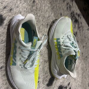 Hoka Athletic Shoes in White and Neon Yellow